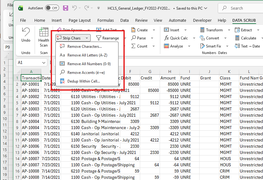 Strip Chars dropdown showing 5 character removal options